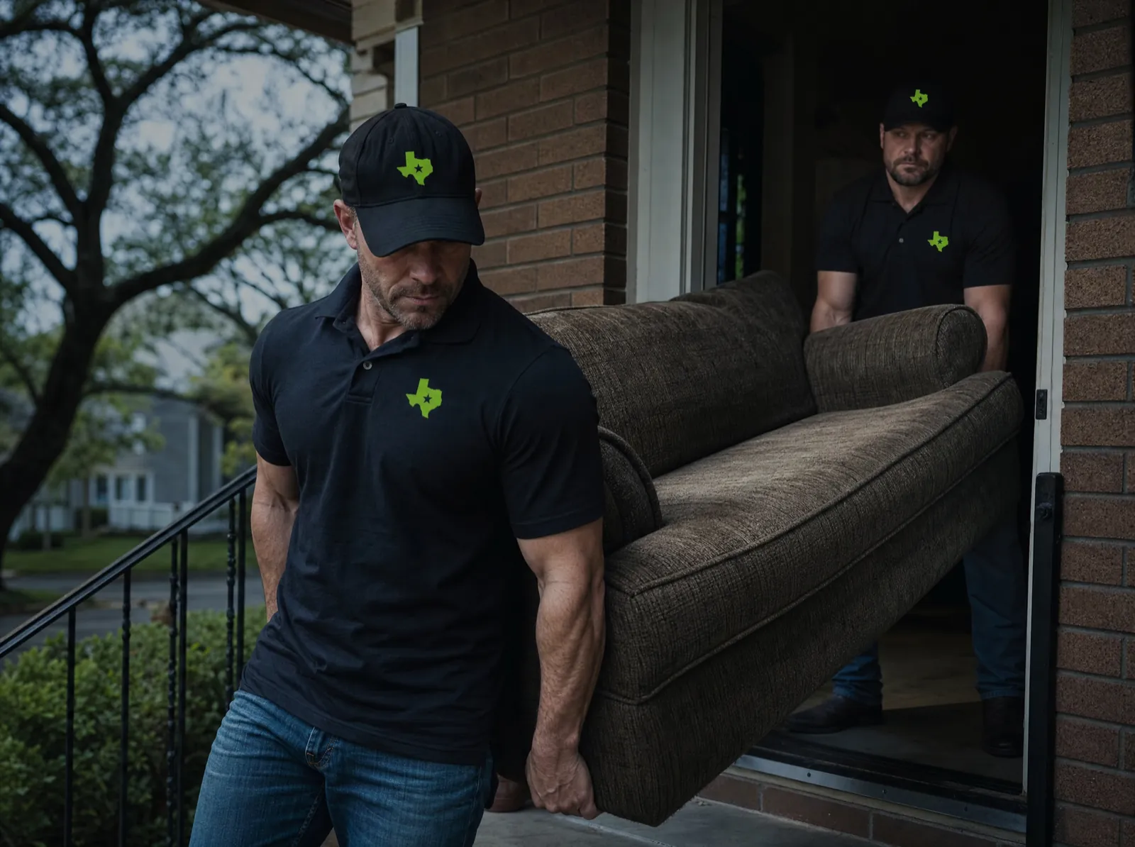 Two-man crew carrying a worn sofa out through the front door of a Waco, TX home