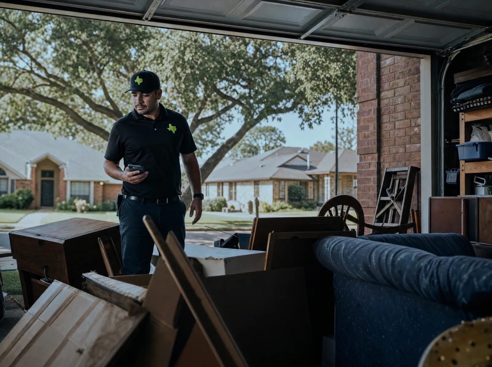 Independent local provider walking a Waco, TX garage to work out the load volume before quoting