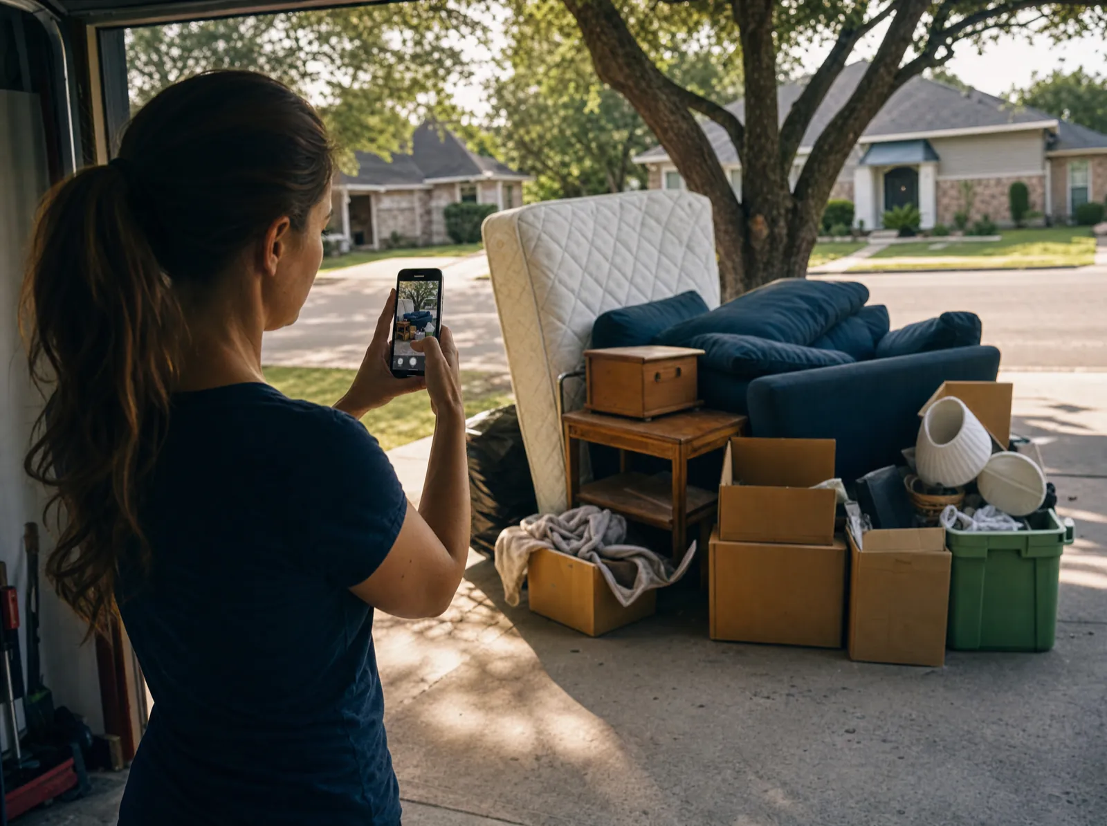 Waco, TX homeowner photographing a pile of unwanted furniture in her garage to request a junk removal quote