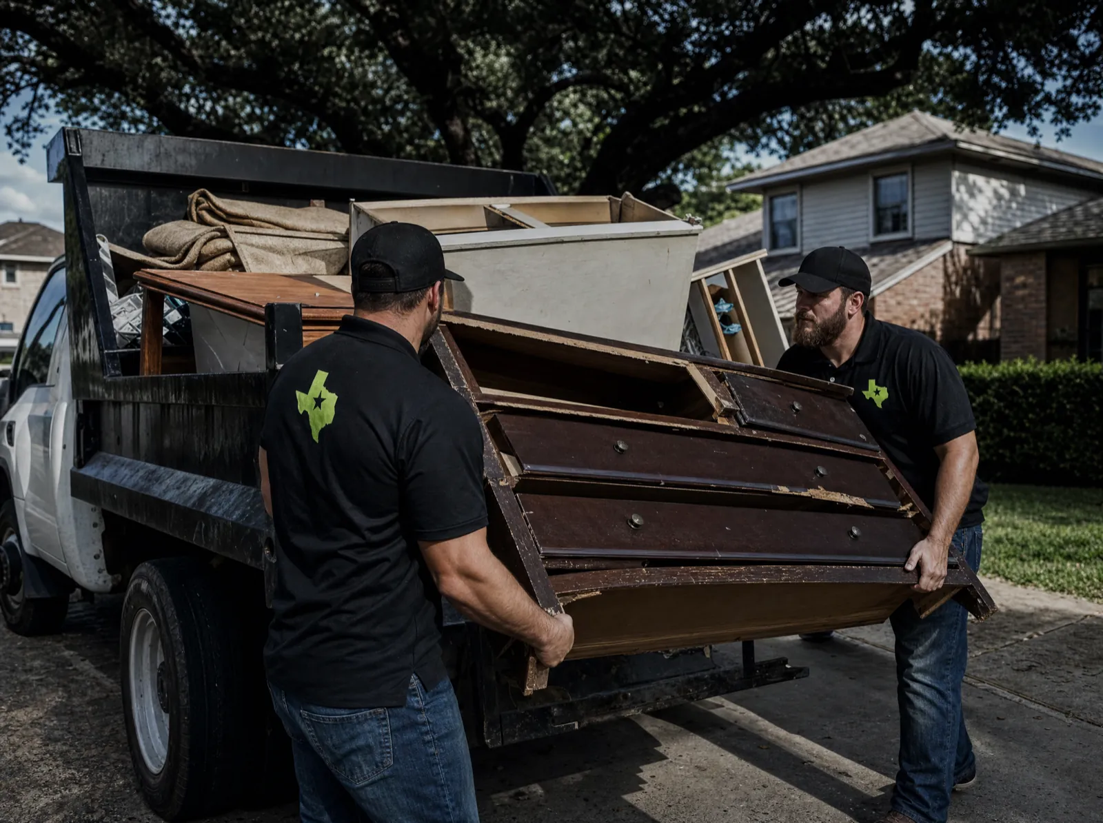 Broken dresser lifted into a dump truck on a suburban Waco, TX driveway