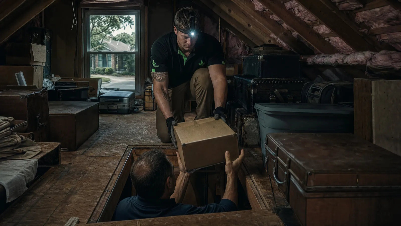 Dusty boxes passed down through a pull-down attic hatch in a Waco, TX home