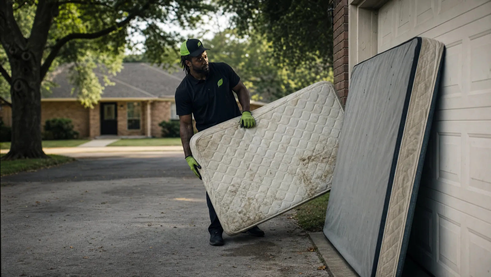 Stained mattress and box spring carried off a Waco, TX driveway for recycling