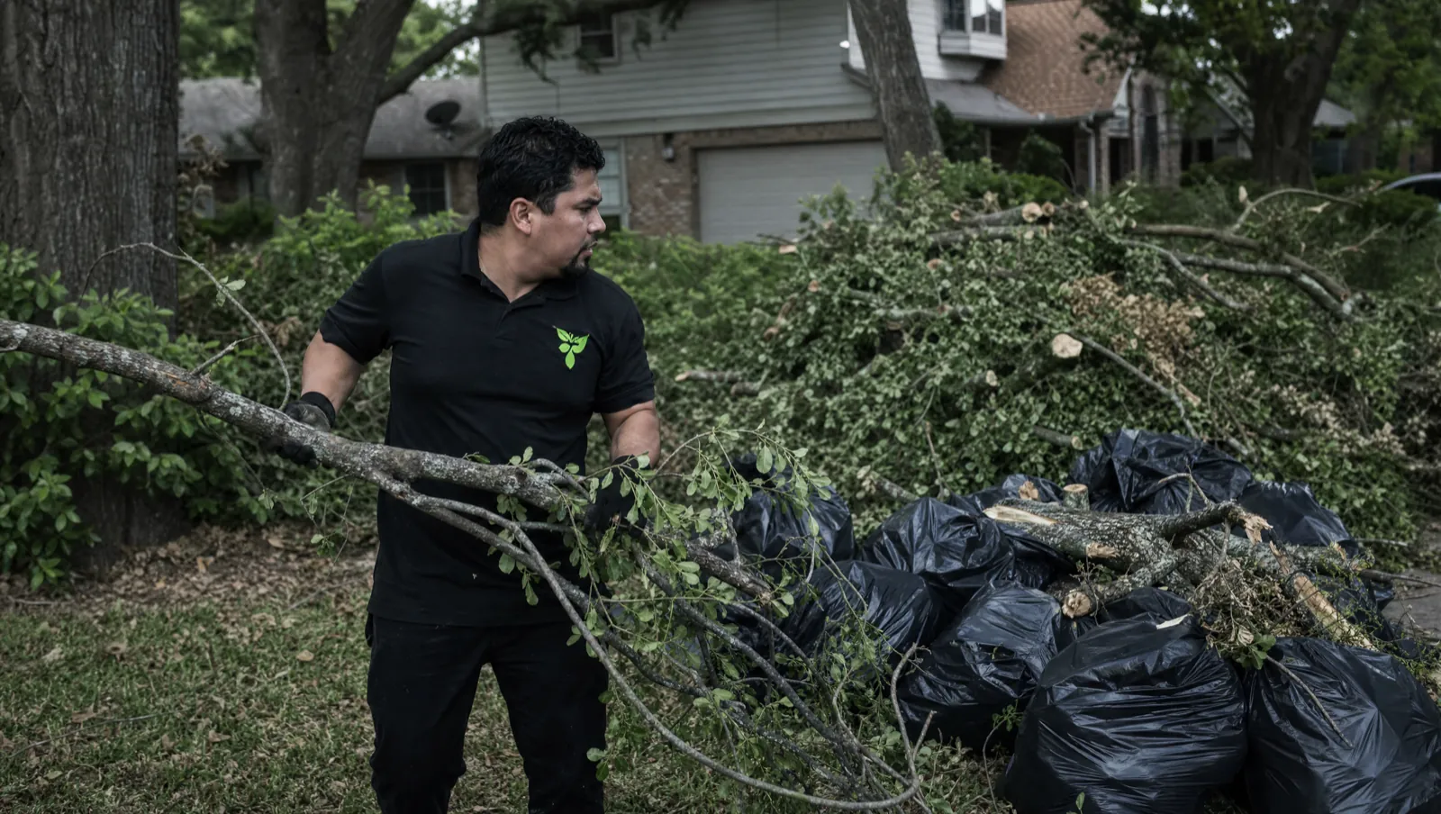 Storm-downed oak limbs and bagged yard waste piled on a Waco, TX front lawn